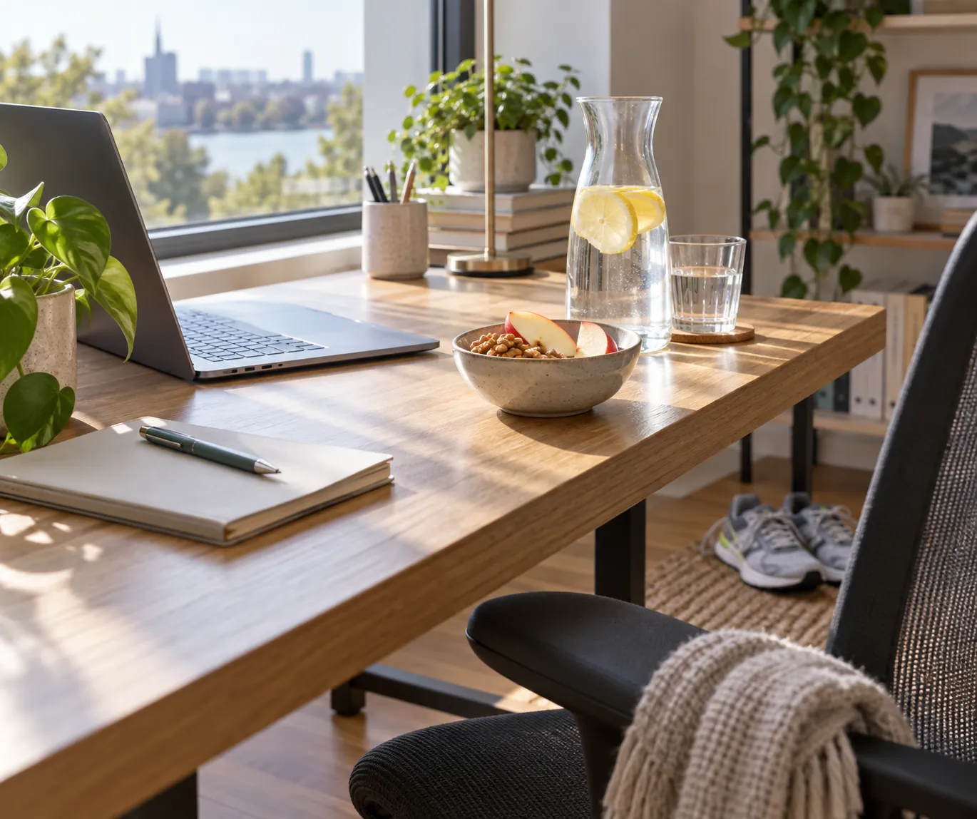 Bureau lumineux avec carafe d'eau citronnée, noix et pommes, baskets au pied de la chaise