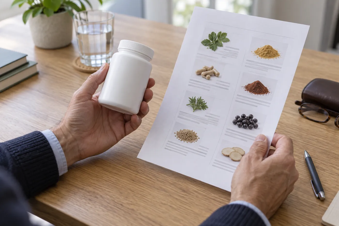 Mains tenant un pot de complément sans étiquette et une fiche de composition