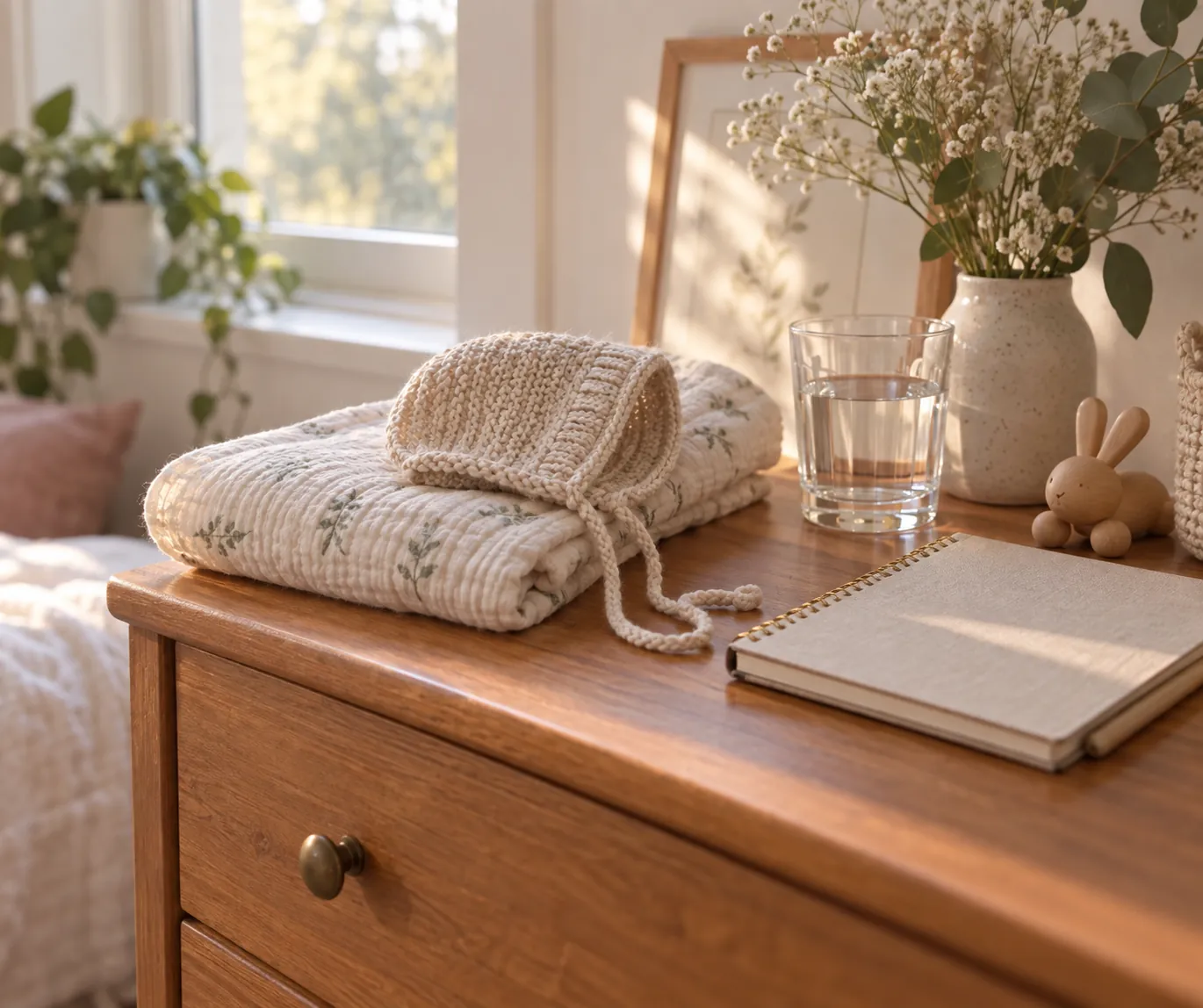Bonnet de naissance en tricot et lange plié sur une commode