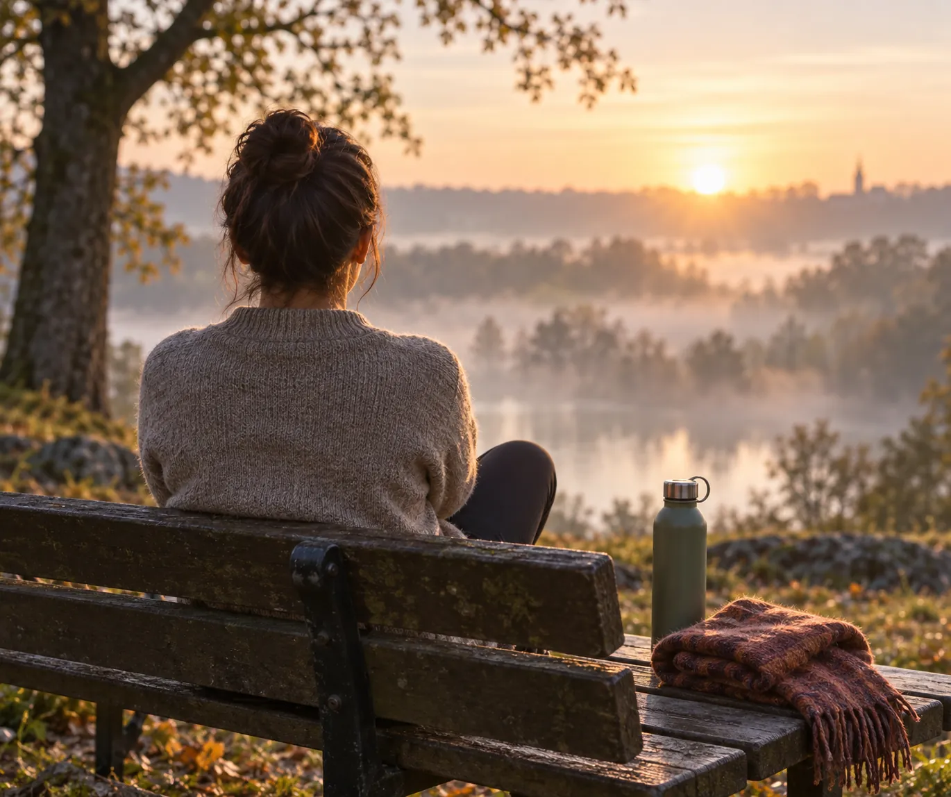Personne de dos assise sur un banc au lever du soleil, gourde et écharpe posées à côté